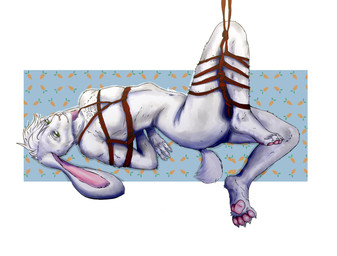 abstract_background anthro bdsm binding biped bondage bound butt feathers harness legs_tied male pink_nose rabbit_ears restraints rope scut_tail short_tail side_view solo suspension suspension_bondage tail white_body lesventin dylan_taylor hare lagomorph leporid mammal rabbit absurd_res digital_media_(artwork) hi_res