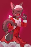 3_eyes anthro bell biped black_body black_fur black_tail blush clothed clothing fingers fur holding_tail jingle_bell looking_at_viewer maid_headdress maid_uniform male multi_eye pawpads red_background simple_background solo tail teeth uniform sincastermon cult_of_the_lamb massive_monster_(studio) narinder domestic_cat felid feline felis mammal hi_res