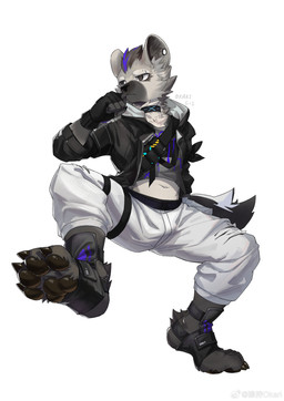 anthro black_hair bottomwear claws clothed clothing collar ear_piercing eyebrow_piercing facial_piercing grey_body hair jacket looking_away male open_clothing open_jacket open_topwear pawpads piercing solo topwear okari_01 arknights hypergryph studio_montagne spot_(arknights) hyena mammal spotted_hyena 2026 absurd_res hi_res