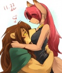 anthro biceps breasts brown_hair duo eyebrows eyelashes female hair heart_symbol hug long_hair male muscular red_hair romantic romantic_couple simple_background white_background yellow_eyes kubikitsune canid canine canis domestic_dog felid lion mammal pantherine