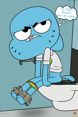 annoyed anthro bathroom bottomwear bottomwear_down clothed clothing feces female navel panties panties_down pants pants_down partially_clothed pooping pubes public_restroom qr_code restroom_stall solo text toilet toilet_paper toilet_use underwear underwear_down thedispenser69 cartoon_network the_amazing_world_of_gumball nicole_watterson domestic_cat felid feline felis mammal absurd_res english_text hi_res