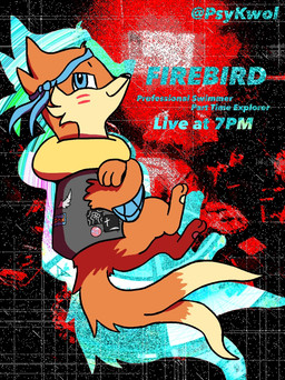 2_tails abstract_background accessory alternative_fashion battle_vest blue_eyes blue_headband confident crossed_arms fur headband male markings multi_tail orange_body orange_fur poster poster_design punk red_markings side_view solo tail tan_body tan_fur psykwol nintendo pokemon firebird_(psykwol) buizel generation_4_pokemon mammal mustelid otter pokemon_(species) trans_(lore) trans_man_(lore)