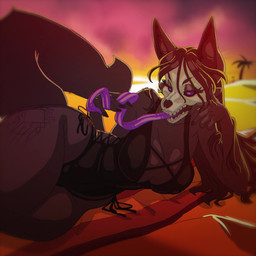 anthro big_breasts black_body black_fur black_hair bone breasts clothing female fluffy fluffy_tail fur hair long_tongue lounging lying on_side outside skull skull_head solo swimwear tail tattoo tongue 5_square_meters scp_foundation mal0 scp-1471-a canid canine malo mammal 1:1 absurd_res animated digital_media_(artwork) hi_res no_sound short_playtime webm
