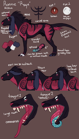 black_body black_fur black_markings black_penis blue_penis fangs feral floppy_ears fur genitals knot male male_feral markings no_pupils open_mouth penis red_body red_fur red_nose red_penis side_view solo striped_genitalia striped_penis stripes teeth tentacle_tongue tentacles text tongue tongue_out white_eyes rayliicious ronni_(rayliicious) mammal alternate_version_at_source english_text hi_res