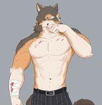 angry anthro blood bodily_fluids clothing fur looking_at_viewer male simple_background snarling solo standing teeth topwear ixkouu canid canine canis mammal wolf 2020 hi_res