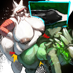 anal anal_penetration anthro arm_warmers armwear belly big_belly big_breasts big_butt bodily_fluids breasts butt clothing cum cum_in_ass cum_inside duo female femboy fur genital_fluids green_body gynomorph gynomorph/male gynomorph_penetrating gynomorph_penetrating_male hair huge_belly huge_breasts huge_butt huge_hips hyper hyper_breasts intersex intersex/male intersex_penetrating intersex_penetrating_male machine male male_penetrated obese obese_anthro obese_female overweight overweight_anthro overweight_female penetration penile penile_penetration penis_in_ass red_eyes screen screen_face sex white_body white_fur white_hair wide_hips nemiyakii domestic_cat felid feline felis mammal protogen 1:1 absurd_res hi_res