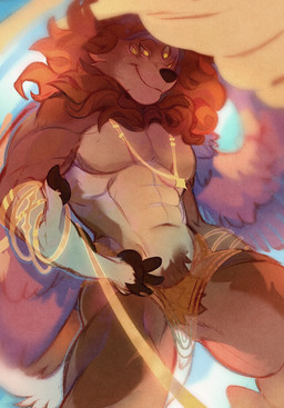 anthro brown_nose brown_pawpads chain chain_leash featureless_chest fur hair jewelry leash male multi_eye multicolored_body multicolored_fur muscular muscular_anthro muscular_male necklace offering_hand pawpads pubes smile smiling_at_viewer solo tail waist_accessory wings mimithedragoness sam_hansen angel canid canine canis domestic_dog livestock_guardian_dog mammal molosser pastoral_dog spitz hi_res