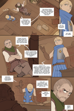 5_fingers angry armor blonde_hair blue_scarf breastplate bruised bruised_face clothed clothing dialogue dialogue_box door fingers frown gloves grey_eyes hair handwear human_only inside light_body light_skin male not_furry profanity scarf speech_bubble text arbuzbudesh caska_(arbuzbudesh) human mammal 2025 2:3 colored comic english_text hi_res url