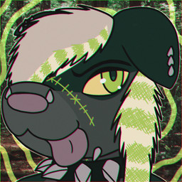 abstract_background ambiguous_gender anthro brown_background collar coontail_hair countershading facial_piercing glistening glistening_eyes green_background green_eyes hair happy nose_piercing photo_background piercing pink_tongue scene_haircut simple_background smile solo sparklefur spiked_collar spikes stitch_(sewing) tongue tongue_out skunkbitez grudge_(skunkbitez) canid canine canis domestic_dog hybrid mammal mephitid skunk undead zombie 1:1 2026 absurd_res chromatic_aberration hi_res icon mixed_media photography_(artwork)