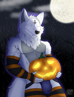 anthro athletic athletic_anthro big_bulge black_nails bone bulge clothing colored_nails cross eyes_closed femboy fluffy food fruit full_moon fur grey_body grey_fur holidays inverted_cross jockstrap legwear male moon nails outside pecs plant pumpkin runes skull solo stockings stripes tail thigh_highs underwear white_body white_fur lubanart halloween asylumcursed canid canine mammal skulldog_(species) absurd_res hi_res