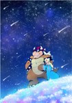 anthro blonde_hair blush clothing dress duo female hair hand_holding horn male night red_eyes shooting_star sky smile star starry_sky supercaterina mario_bros nintendo super_mario_galaxy bowser rosalina_(mario) human koopa mammal scalie hi_res