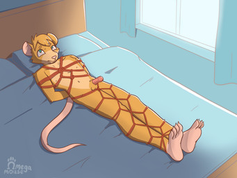 anthro balls bdsm bed bedroom bondage bound erection feet foot_focus furniture genitals humanoid_feet male paws penis plantigrade restraints rope rope_bondage rope_harness simple_background solo worried omegamouse omega_(omegamouse) mammal mouse murid murine rodent absurd_res hi_res