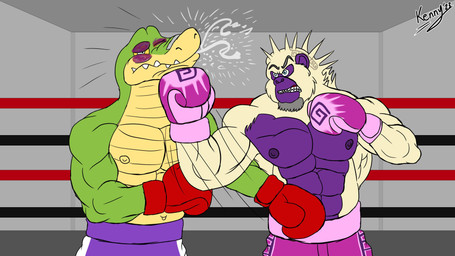 anthro boxing boxing_gloves clothing duo fighting_ring green_body handwear male muscular muscular_male nipples sport kenny_foxborrow brok_the_investigator cowcat_games brok_(brok_the_investigator) alligator alligatorid ape crocodilian gorilla haplorhine mammal primate reptile scalie 16:9 2023 4k absurd_res hi_res widescreen