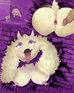 ahegao anthro anus areola big_breasts big_butt big_ears blush bodily_fluids breasts butt cum cum_in_vagina cum_inside cum_string disembodied_penis eyelashes fangs female floppy_ears fluffy front_view fur genital_fluids genitals horn lactating looking_pleasured lop_ears male male/female nipples open_mouth penis pink_anus pink_areola pink_nipples pink_vulva purple_eyes rear_view solo stuck teeth through_wall tongue tongue_out vulva white_body white_fur white_horn mayateat undertale undertale_(series) toriel boss_monster_(undertale) bovid caprine froggit goat mammal hi_res