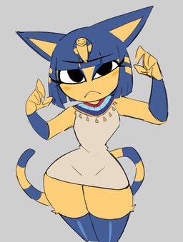 accessory anthro blue_hair blush blush_stickers bob_cut bodily_fluids clothing dress egyptian eyeshadow female front_view frown grey_background hair kalasiris legwear looking_at_viewer makeup markings raised_arms simple_background solo striped_markings striped_tail stripes sweat sweatdrop tail tail_markings thigh_highs uraeus usekh wide_hips yellow_body nelljoestar animal_crossing nintendo ankha_(animal_crossing) domestic_cat felid feline felis mammal 2026 hi_res
