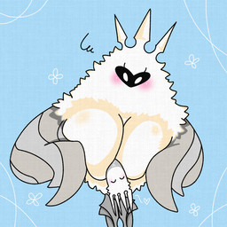ambiguous_gender between_breasts big_breasts breasts duo eyelashes eyes_closed female fur heart_symbol white_eyes osakana2gou hollow_knight_(franchise) team_cherry pale_king_(hollow_knight) radiance_(hollow_knight) arthropod insect lepidopteran moth 1:1 2020 male_(lore)