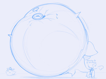 air_inflation bodily_fluids eyes_closed hyper hyper_inflation immobile inflation shadow simple_background sweat text white_background areoants palworld pocketpair terraria eye_of_cthulhu_(terraria) chillet leezpunk omascul_(pal) pal_(species) 2025 4:3 blue_and_white hi_res monochrome sketch