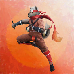 accessory anthro asian_clothing bulge burn_scar chaps clothing east_asian_clothing exposed_underwear fundoshi headband japanese_clothing jumping kunai male melee_weapon open_crotch red_clothing red_eyes red_fundoshi red_underwear scar scarf scroll solo sword underwear weapon yellow_sclera lifewonders tokyo_afterschool_summoners tadatomo_(tas) canid canine canis domestic_dog mammal