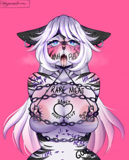 anthro areola arrow_pointing_to_nipple big_breasts black_ears black_stripes blue_eyes body_writing bound breasts bridge_piercing chain chained ear_piercing ear_ring ear_stud facial_piercing female fur graded_belly hair hands_behind_back heart_eyes heart_symbol long_hair nipple_clamp nipples nose_piercing nose_ring nude nude_anthro nude_female piercing pink_areola pink_background pink_nipples ring_piercing simple_background solo striped_body striped_fur stripes tongue tongue_out tongue_piercing white_body white_fur white_hair writing_on_belly writing_on_breasts writing_on_ear writing_on_face kyoriss hi_res