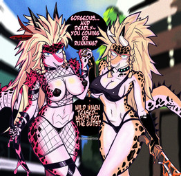 2_horns 5_fingers anthro big_breasts black_clothing black_gloves black_handwear black_spots black_thong black_underwear blonde_hair blue_eyes braided_hair breasts choker clothed clothing cosplay crop_top crossover_cosplay curvy_figure dialogue duo eyelashes eyewear female fingers fishnet_clothing fishnet_legwear fishnet_topwear glasses gloves hair hand_holding handwear highlights_(coloring) horn jewelry knife legwear long_hair long_tail looking_at_viewer magenta_body magenta_scales markings melee_weapon multicolored_body multicolored_hair multicolored_scales necklace orange_body orange_scales outside pasties pink_body pink_hair pink_highlights pink_scales scales shirt shoulder_pads skimpy smile snout spiked_tail spikes spikes_(anatomy) spots spotted_body spotted_scales sword tail talking_to_viewer teal_eyes teeth text thick_thighs thong topwear two_tone_body two_tone_hair two_tone_scales underwear voluptuous voluptuous_anthro voluptuous_female weapon wide_hipped_anthro wide_hipped_female wide_hips dannoartista cavemanon_studios goodbye_volcano_high i_wani_hug_that_gator ko_op_(game_developer) one-punch_man one_(manga) snoot_game mia_moretti naomi_(gvh) raptora reptera dinosaur hadrosaurid ornithischian ornithopod parasaurolophus prehistoric_species reptile scalie 2025 absurd_res artist_name crossover digital_drawing_(artwork) digital_media_(artwork) english_text hi_res watermark sibling_(lore) sister_(lore) sisters_(lore)