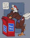 american_flag american_flag_underwear anthro avian_feet backwards_baseball_cap backwards_hat baseball_cap beak bent_over blue_eyes bulge clothing feathers hat headgear headwear male politics shirtless solo tail tail_feathers text united_states_of_america vote voting valthelewdtino accipitrid accipitriform avian bald_eagle bird eagle sea_eagle english_text hi_res