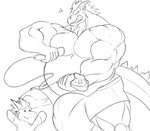2013 anthro beard big_bulge boxers_(clothing) bulge chibi clothing controller dragon duo facial_hair game_controller goatee grin holding_object horn huge_bulge hyper hyper_bulge laggio male monochrome musclegut muscular mythological_creature mythological_scalie mythology nintendo nintendo_controller playing raised_arm sachiel_666 scalie size_difference sketch smile tail underwear wii wii_nunchuk wii_remote
