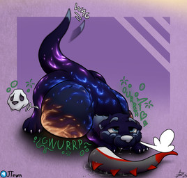 after_vore all_fours ambiguous_gender ass_up belly belly_markings big_nose blue_markings bodily_fluids chest_tuft claws cosmic_fur death digestion drooling fangs feral fur galaxy glowing glowing_markings grey_body grey_fur lying markings on_front onomatopoeia orange_markings paws purple_body purple_fur purple_markings relieved saliva same_size_vore semi-anthro sigh solo sound_effects tail tail_motion tailwag teeth text thick_tail tuft vore whiskers j2n mammal mustelid otter hi_res