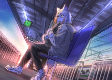 anthro bag clock clothing detailed_background female fence footwear hair jacket railway_station_sign shoes sitting solo sunrise tail topwear train_station mametunu canid canine canis mammal wolf 2023 absurd_res digital_drawing_(artwork) digital_media_(artwork) hi_res