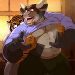 anthro blush bodily_fluids bottomwear bulge clothing duo humanoid_hands kemono male musclegut muscular nipples pants shirt surprise sweat topwear raichoclub bovid bovine cattle felid mammal pantherine tiger 1:1 2023 hi_res