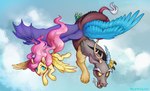 2023 2_toes 3_toes 4_toes absurd_res antlers bat_wings beard blue_body blue_feathers blue_wings brown_body brown_fur chimera claws cutie_mark digital_media_(artwork) discord_(mlp) dock_(anatomy) draconequus duo equid equine eyebrows facial_hair fangs feathered_wings feathers feet female feral fluttershy_(mlp) flying friendship_is_magic fur green_eyes grey_body grey_fur hair hasbro hi_res hooves horn male mammal membrane_(anatomy) membranous_wings mismatched_wings multicolored_body multicolored_fur my_little_pony mythological_creature mythological_equine mythology pegasus pink_hair pink_tail purple_wings red_eyes red_tail smile spread_wings t0byinthesky tail tail_tuft talons teeth toe_claws toes tuft wings yellow_body yellow_feathers yellow_fur yellow_sclera