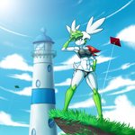 1:1 abs anthro big_breasts bikini bikini_bottom bikini_top breasts clothed clothing cloud detailed_background female generation_4_pokemon green_eyes hair hi_res latiar legendary_pokemon mammal muscular muscular_anthro muscular_female nintendo pokemon pokemon_(species) pokemorph seaside shaymin sky_forme_shaymin solo standing swimwear