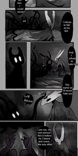 12_panel_comic 2_horns ambiguous_gender answer biped black_body black_eyes black_speech_bubble clothing dialogue ellipsis empty_eyes exclamation_point fingers fist horn melee_weapon motion_lines question question_mark sound_effects speech_bubble standing talking_to_another text weapon white_eyes white_head white_text ssleepyflowers hollow_knight_(franchise) team_cherry hollow_knight_(character) pale_king_(hollow_knight) arthropod shadow_creature sibling_(hollow_knight) vessel_(species) 2026 absurd_res comic english_text hi_res long_image tall_image sibling_(lore)