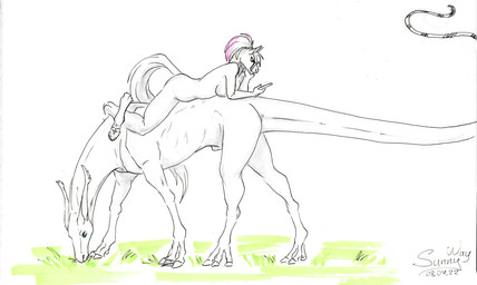 animal_genitalia anthro barely_visible_genitalia barely_visible_sheath belly breasts duo equi equis_universe female fully_sheathed genitals grass male nude peaceful plant pose relaxing sheath slightly_chubby thick_thighs vectarion sunny_way sunny_way_(character) equid equine horse mammal pinup traditional_media_(artwork)