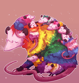 age_difference ambiguous_gender bisexual_pride_colors eyes_closed feral fur group lesbian_pride_colors lgbt_pride multicolored_body multicolored_fur nonbinary_pride_colors pansexual_pride_colors pink_nose pride_colors rainbow_flag rainbow_pride_flag rainbow_symbol shout simple_background sitting sitting_on_another tail text transgender_pride_colors whiskers amirul american_opossum mammal marsupial virginia_opossum artist_name english_description hi_res