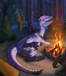 2_penises animal_genitalia anus bag campfire erection feral fire genital_slit genitals looking_at_viewer lying male multi_genitalia multi_penis on_side open_mouth penis plant presenting presenting_penis scroll solo tail tapering_penis tree mirsathia_(artist) amber_isle newt_fleetfoot dilophosaurid dilophosaurus dinosaur prehistoric_species reptile saurischian scalie theropod hi_res