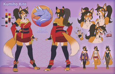 anthro biped bottomwear breasts butt claws clothed clothed_anthro clothed_female clothing feet female fingers front_view fully_clothed fully_clothed_anthro fully_clothed_female fur hair nude nude_anthro nude_female rear_view smile solo standing tail teeth toes tongue topwear purplelemons kumiho_(purplelemons) canid canine fox mammal 2026 digital_drawing_(artwork) digital_media_(artwork) hi_res model_sheet