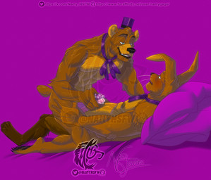 anthro biceps blue_eyes blush bodily_fluids brown_body calf_muscles clothing deltoids duo erection frottage genital_fluids genitals glans hat headgear headwear male male/male nipples nude penile penis penises_touching pillow precum purple_background sex simple_background tail top_hat whiskers namygaga five_nights_at_freddy's five_nights_at_freddy's_4 scottgames fredbear_(fnaf) spring_bonnie_(fnaf) bear lagomorph leporid mammal rabbit 2026 hi_res