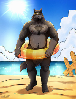 5_fingers 5_toes anthro barely_visible_genitalia barely_visible_penis beach beard black_body black_fur black_nose bodily_fluids body_hair casual_nudity chest_hair day eyewear eyewear_only facial_hair fangs feet fingers fur genitals humanoid_feet humanoid_hands inflatable inner_tube male navel nipples nude nude_anthro nude_beach nude_male outdoor_nudity outside penis plantigrade pubes sand sea solo standing sun sunglasses sunglasses_only sweat teeth toes water shade_the_wolf canid canine canis mammal wolf 2024 hi_res signature