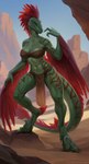 3_toes absurd_res anthro athletic athletic_female bottomwear breasts claws cleavage clothed clothing desert dinosaur dromaeosaurid feathered_arms feathered_dinosaur feathered_scalie feathers feet female green_body green_scales head_feathers hi_res loincloth navel outside partially_clothed pecs pecs_with_breasts red_body red_feathers reptile scales scalie silgiriya_mantsugosi skimpy smile solo stripes tail tail_feathers tail_tuft talons theropod toe_claws toes tuft utahraptor uthalla yellow_eyes