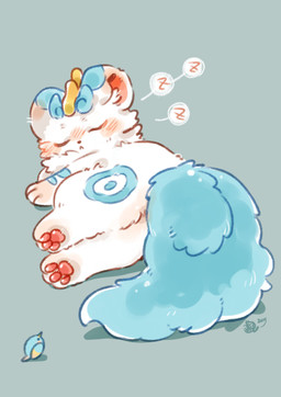ambiguous_gender blue_body blue_fur blush cheek_tuft chest_tuft eyes_closed facial_tuft feral fluffy fluffy_tail fur fur_markings horn inner_ear_fluff lying markings mouth_closed multicolored_body multicolored_fur on_side pawpads paws rear_view round_ears simple_background sleeping solo tail tuft two_tone_body two_tone_fur white_body white_fur xuexiamaoyaozi asian_mythology chinese_mythology east_asian_mythology fabulous_beasts fenz_(studio) mythology tianlu_(fabulous_beasts) avian bird pixiu absurd_res colored hi_res