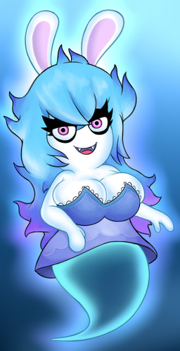 anthro arms_bent big_breasts black_eyelids blue_background blue_hair breasts cleavage clothed clothing eyelashes fangs female female_anthro fur hair legless lidded_eyes light long_ears long_hair mitten_hands multicolored_hair noseless open_mouth open_smile purple_eyes purple_hair purple_inner_ear red_tongue simple_background smile smiling_at_viewer solo teeth thick_eyelashes tongue white_body white_fur superwiibros08 mario_plus_rabbids_sparks_of_hope nintendo raving_rabbids rayman_(series) ubisoft midnite_(mario_plus_rabbids) ghost hybrid lagomorph mammal rabbid spirit 2022 colored crossover digital_drawing_(artwork) digital_media_(artwork) english_description full-length_portrait hi_res lighting portrait shaded