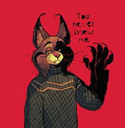 anthro clothing front_view green_clothing green_sweater green_topwear male mouth_closed raised_hand red_background shadow shadow_face simple_background solo standing sweater topwear soulfullhyena disney zootopia pawbert_lynxley canada_lynx felid feline lynx mammal hi_res high_contrast