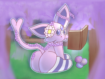 ambiguous_gender big_butt blurred_background book butt clothing eyewear feral flower flower_on_head footwear glasses huge_butt legwear plant socks solo thigh_highs wisteria_(flower) nanabsylve nintendo pokemon eeveelution espeon generation_2_pokemon pokemon_(species) 4:3 hi_res