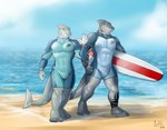 2018 anthro biped bulge clothed clothing digital_media_(artwork) duo fish full-length_portrait fully_clothed hi_res iztli looking_at_viewer male marine portrait sand sea shark signature smile surfboard tight_clothing walking water