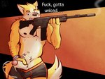 anthro assault_rifle blush bodily_fluids clothed clothing cum genital_fluids genitals gun male muscular nipples partially_clothed penis profanity ranged_weapon rifle scar smoke solo text underwear underwear_down weapon ventkazemaru remember_the_flowers cooper_krager canid canine canis mammal wolf english_text hi_res