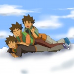 :d brown_hair clothing cloud eyes_closed footwear group gym_leader hair human_only male not_furry on_cloud outside past_meets_present shoes sky skyscape smile sneakers square_crossover time_paradox unknown_artist nintendo pokemon brock_(pokemon) pokemon_trainer human mammal 1:1 grandfathered_content