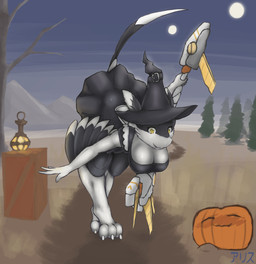 3_toes 4_ears anthro biped breasts claws clothing dress feathers feet female food fruit fur grey_body grey_fur hat headgear headwear holidays jack-o'-lantern lamp lantern looking_at_viewer magic_user mountain multi_ear multicolored_body multicolored_fur night non-mammal_breasts outside plant pumpkin smile solo standing toes tree white_body white_fur winged_arms wings witch yellow_eyes ありす halloween nagami avali 2016 hi_res