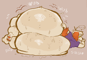 ahoge ambiguous_gender anthro big_butt biped black_nose bodily_fluids bottomless brown_ears brown_pawpads brown_tail butt butt_focus butt_jiggle butt_squish butt_tuft clothed clothing eyebrows eyeshadow feet floppy_ears freckled_butt freckled_face freckles fur green_pupils hair hand_on_chin huge_butt huge_thighs hyper hyper_butt hyper_thighs jiggling lying makeup mostly_nude motion_lines on_ground on_side onomatopoeia overweight pawpads paws plantigrade pupils purple_clothing purple_shirt purple_topwear raised_eyebrows rear_view shirt simple_background solo sound_effects squish sweat sweatdrop tail tan_body tan_fur text thick_thighs topwear topwear_only tuft wide_hips yellow_sclera conditional_dnp holidaydipstick hollie_(holidaydipstick) canid canine canis domestic_dog mammal 2026 aliasing digital_media_(artwork) shaded watermark nonbinary_(lore)