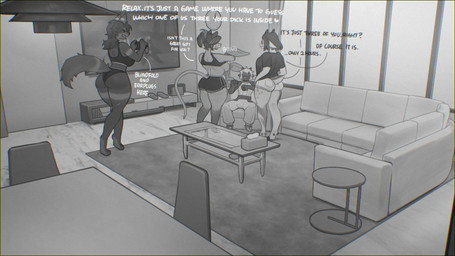 anthro big_butt biped breasts butt clothed clothing detailed_background dialogue female furniture group inside male sitting sofa standing text thick_thighs sincrescent bovid canid canine caprine mammal hi_res