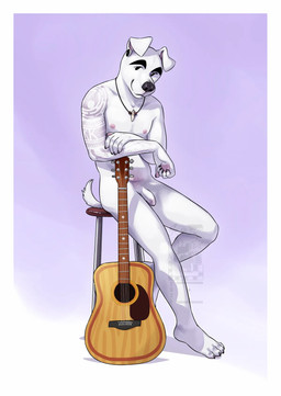 4_toes 5_fingers anthro arm_tattoo black_nose feet fingers foreskin fur furniture genitals guitar hindpaw humanoid_genitalia humanoid_hands humanoid_penis jewelry male musical_instrument necklace nude nude_anthro nude_male paws penis plucked_string_instrument sitting solo stool string_instrument tattoo toes white_body white_fur eclipticafusion animal_crossing nintendo k.k._slider canid canine canis domestic_dog mammal hi_res